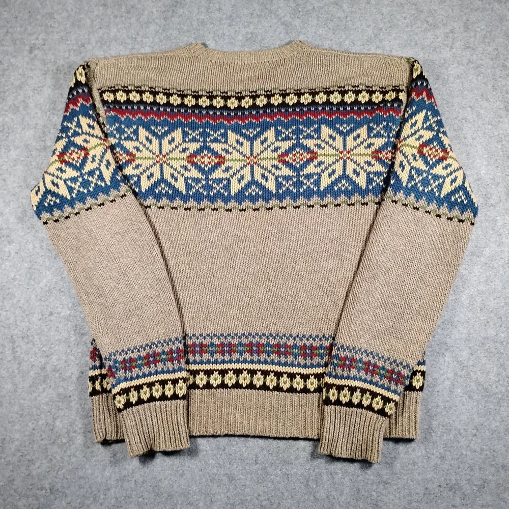 Vintage Polo Ralph Lauren Men Tan Cotton Fair Isle Snowflake Crew Neck Sweater M